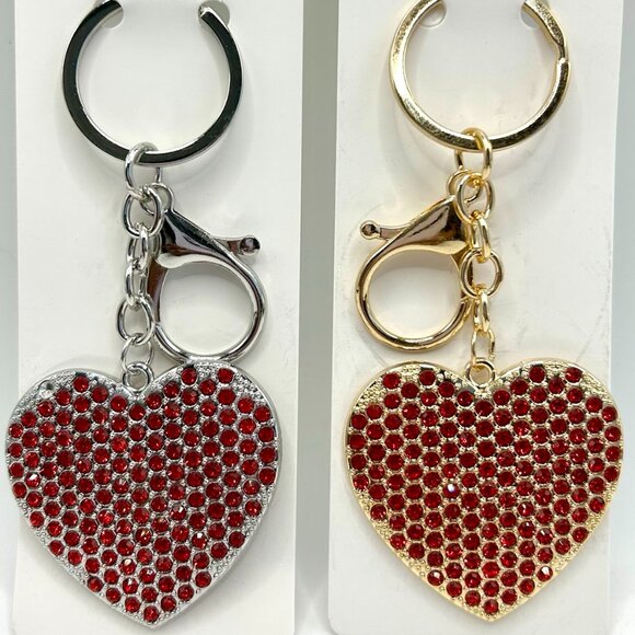 None Accessories - Red Crystal Rhinestone Heart Keychain Bag Charm – Silver or Gold